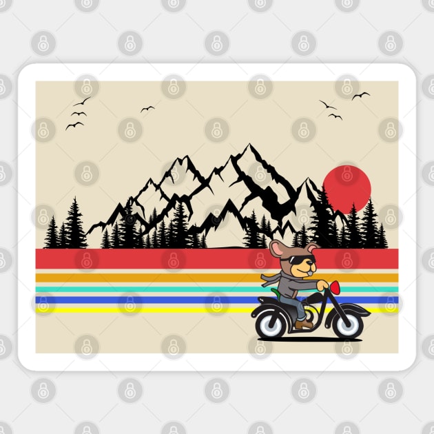 Dog riding a motorcycle with a mountain backdrop and sunset Magnet by Blended Designs